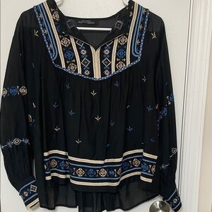 Zara Black Blouse with Blue and Cream Embroidery